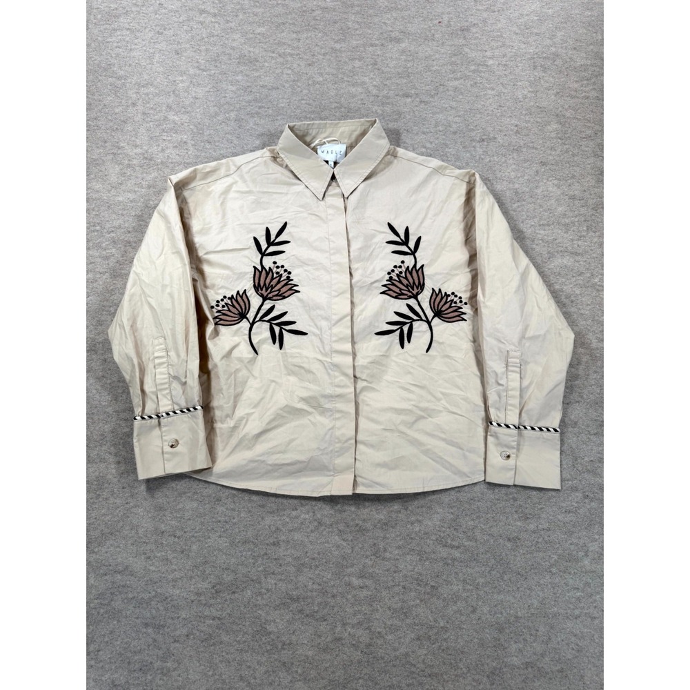 Mable Womens Beige Floral Embroidered Button Up Shirt MST8081 Small